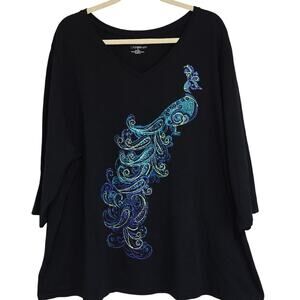 Catherines Sz 3X Black V-neck with Vibrant Peacock Design Top
